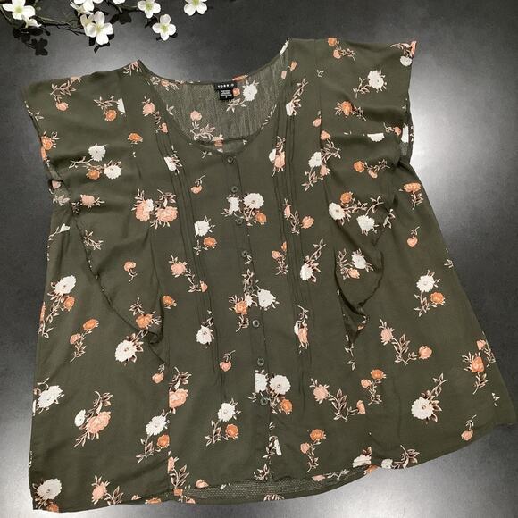 Torrid Floral Pin Tuck Button Front Flutter Ruffle Sleeve Yoked Top Army Green - Picture 9 of 16